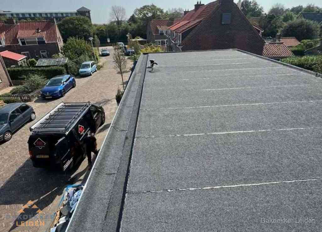 Nieuw bitumen plat dak met uitzicht over landschap in Leiden Nieuw bitumen plat dak met uitzicht over landschap in Leiden